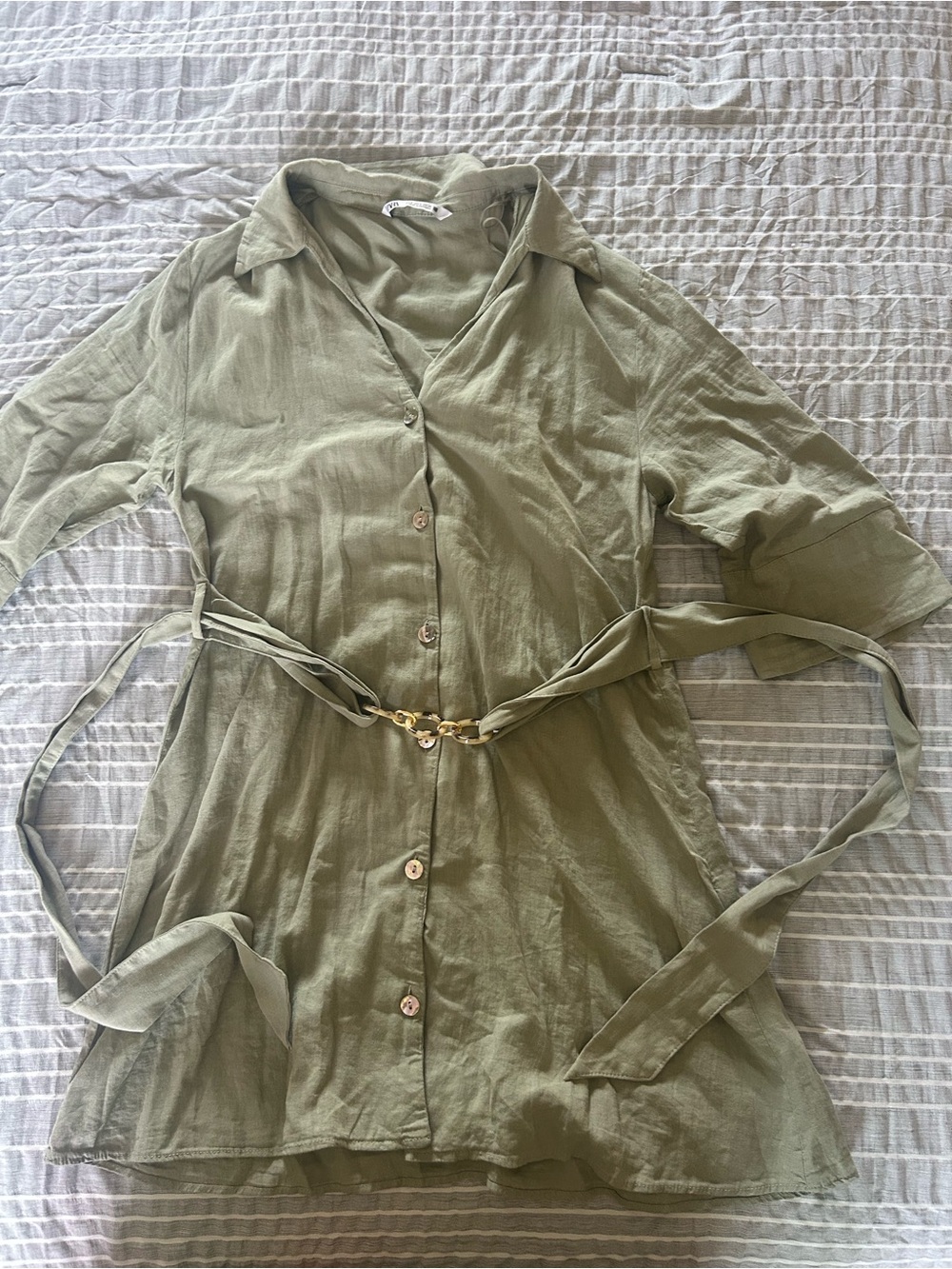 Zara Olive Green Button-Front Shirt Dress with Tie